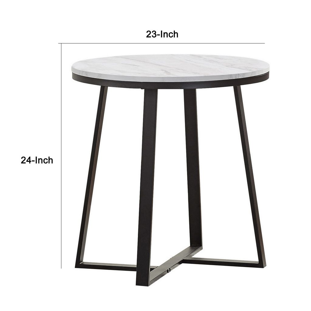 24 Inch End Table, White Faux Marble Round Top, Artisanal Metal Framework - View 5