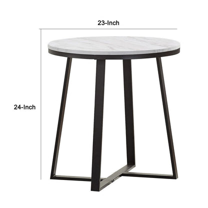 24 Inch End Table, White Faux Marble Round Top, Artisanal Metal Framework - View 5