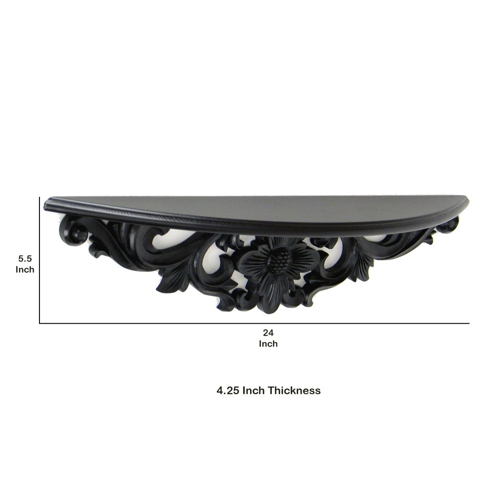 Hand Carved Wooden Moonbay Wall Shelf in Floral Design, Black - View 5