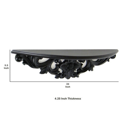 Hand Carved Wooden Moonbay Wall Shelf in Floral Design, Black - View 5