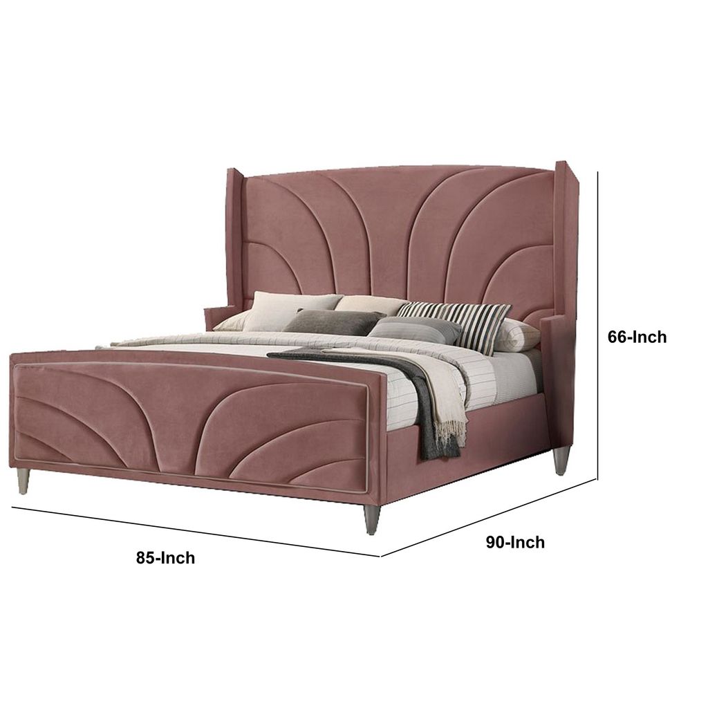 Kerith Modern Wood King Size Bed, Wingback Frame, Pink Velvet, Chrome Legs - View 6