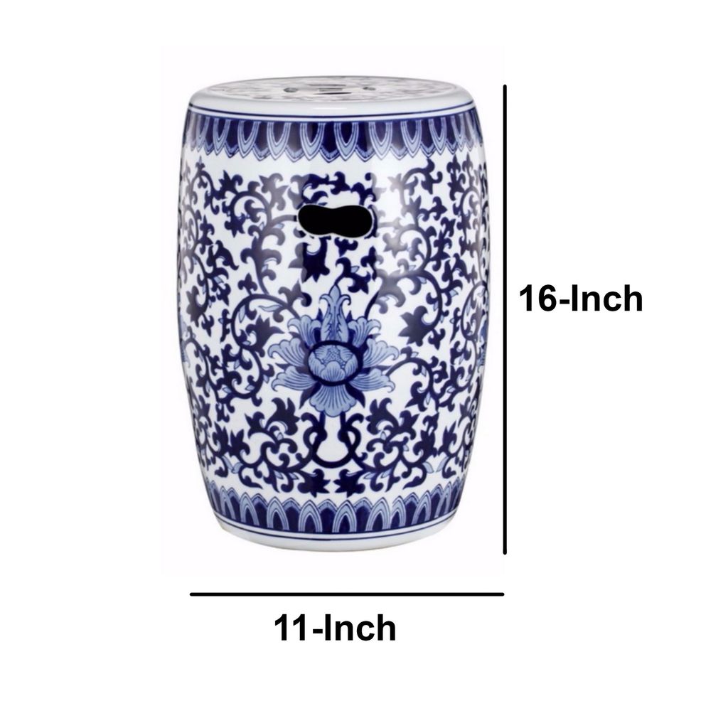 11 Inch Garden Stool, Ceramic Drum Shape, Blue, White Floral Pattern - View 7
