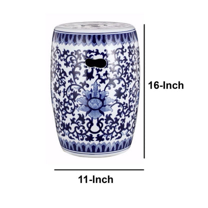 11 Inch Garden Stool, Ceramic Drum Shape, Blue, White Floral Pattern - View 7