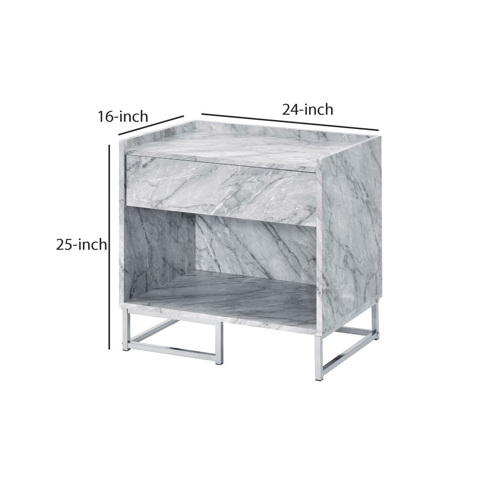 Faux Marble Accent Table with Chrome Finish, White - View 6