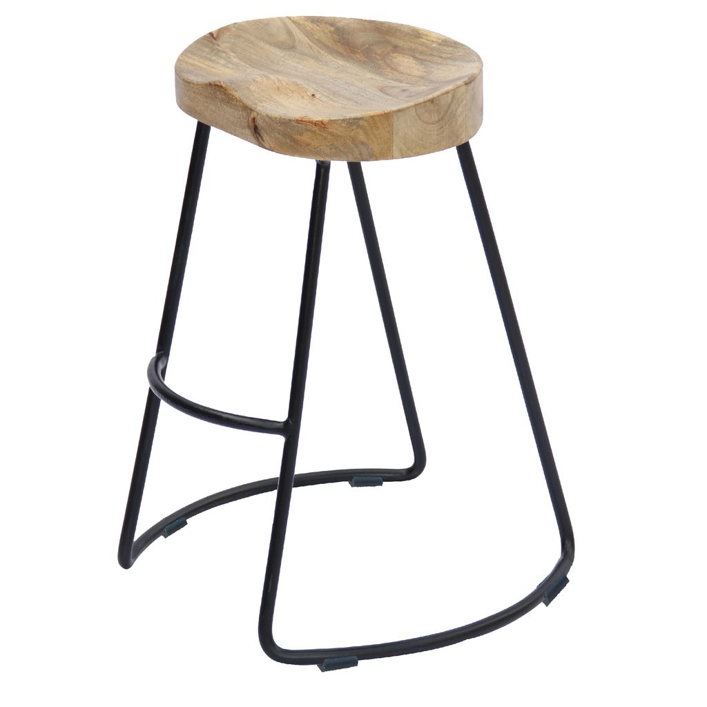 Ela 30 Inch Mango Wood Bar Stool, Saddle Seat, Iron Frame, Brown and Black