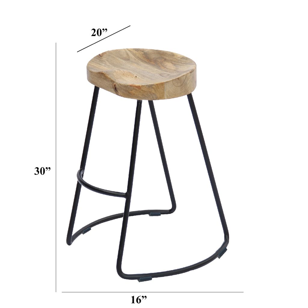 Ela 30 Inch Mango Wood Bar Stool, Saddle Seat, Iron Frame, Brown and Black - View 4