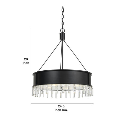 4 Bulb Round Metal Body Chandelier with Hanging Crystal Accents, Black - View 6