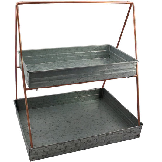 Galvanized Metal 2 Tiered Rectangular Serving Tray, Gray