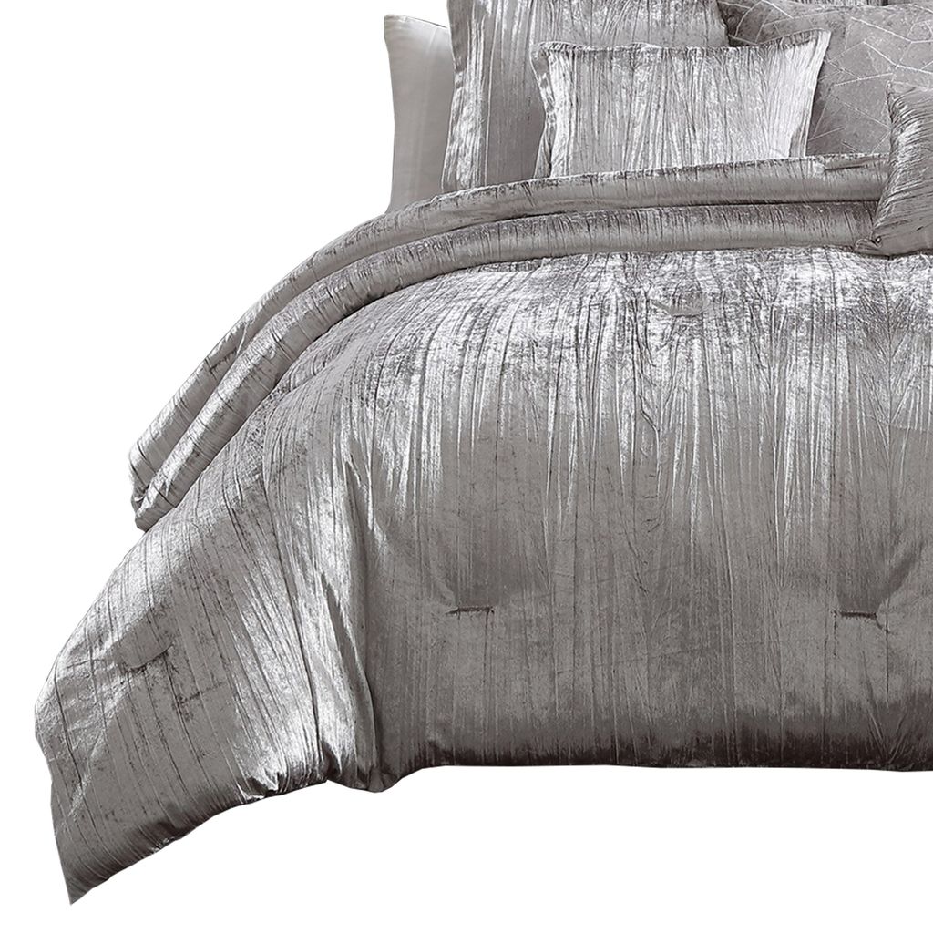 King Size 7 Piece Fabric Comforter Set with Crinkle Texture, Silver - View 5