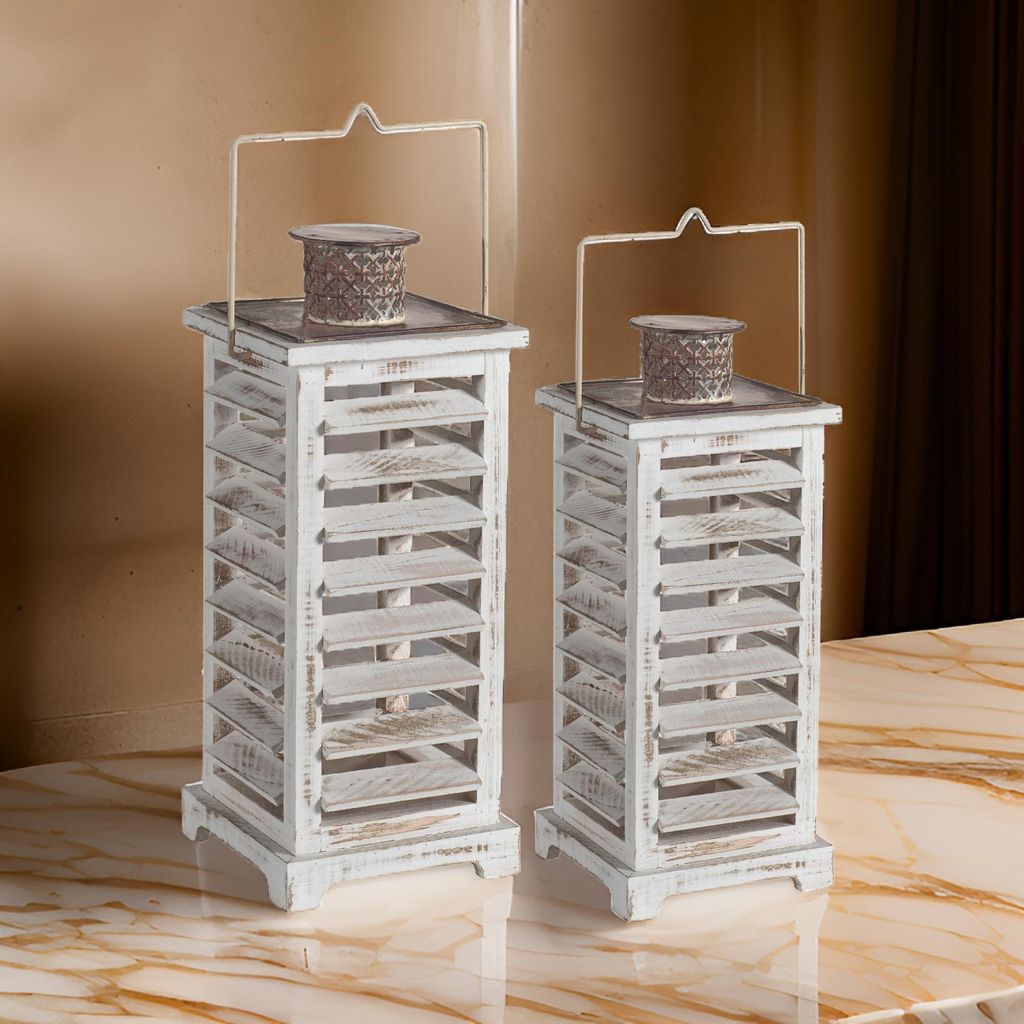 Wood and Metal Lanterns with Louvered Design, White, Set of 2 - View 7