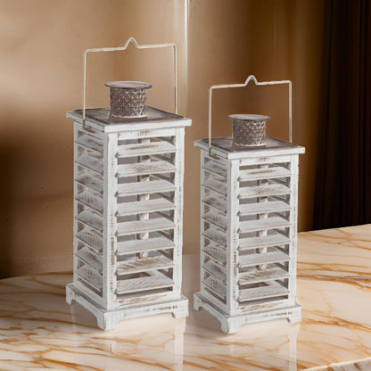 Wood and Metal Lanterns with Louvered Design, White, Set of 2 - View 7