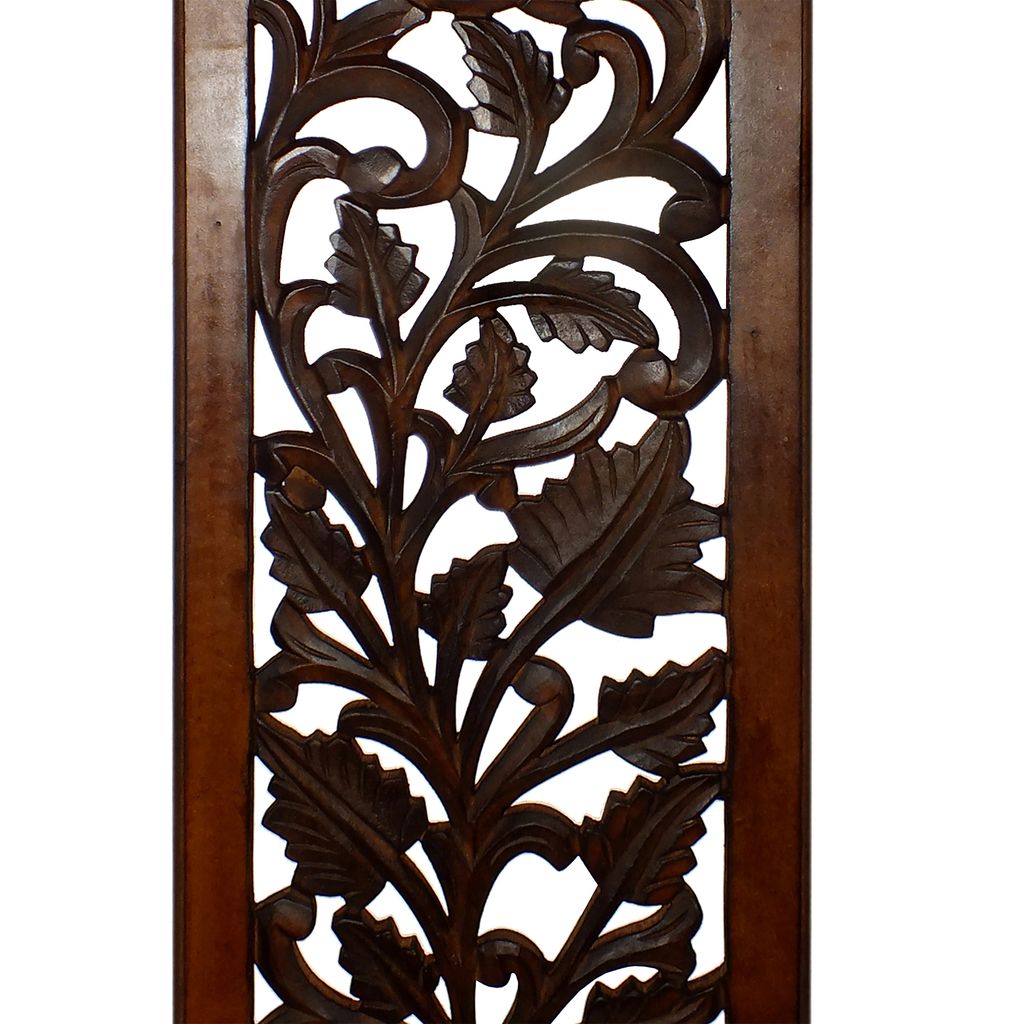 Mango Wood Wall Panel Hand Crafted with Leaves and Scroll Work Motif, Brown - View 5