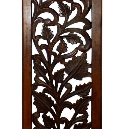 Mango Wood Wall Panel Hand Crafted with Leaves and Scroll Work Motif, Brown - View 5