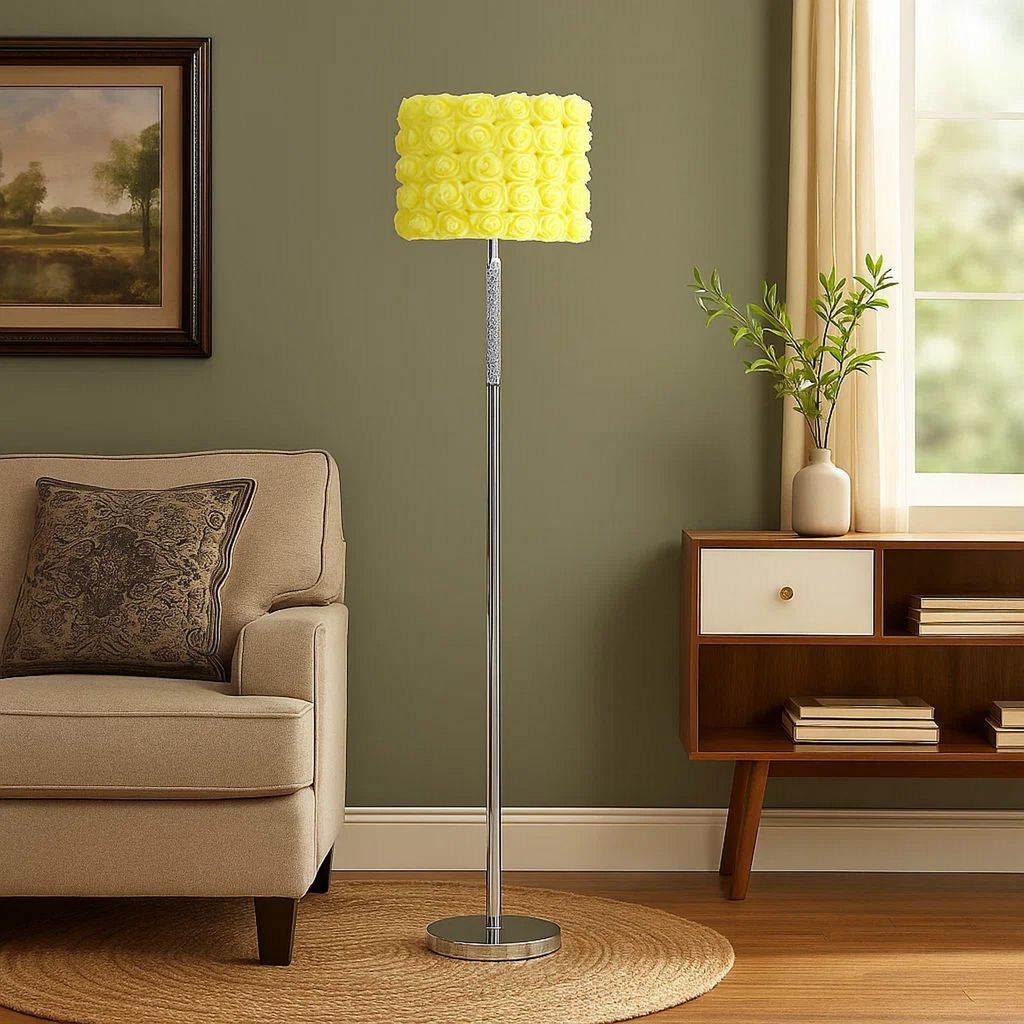 Finn 63 Inch Glamorous Floor Lamp, Rose Accent Shade, 100W, Yellow, Silver - View 7