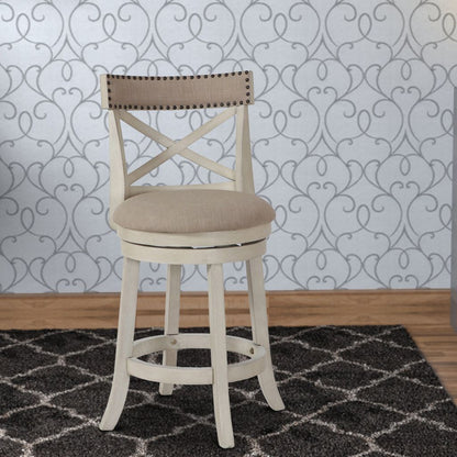 Curved X Shaped Back Swivel Counter Stool with Fabric Padded Seating, Antique White - View 6