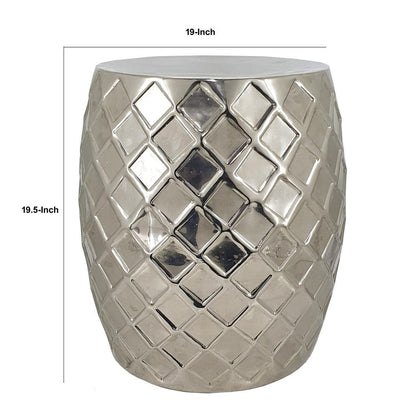 20 Inch Stool Table, Modern, Aluminum Metal, Drum Shape, Elegant Silver - View 5