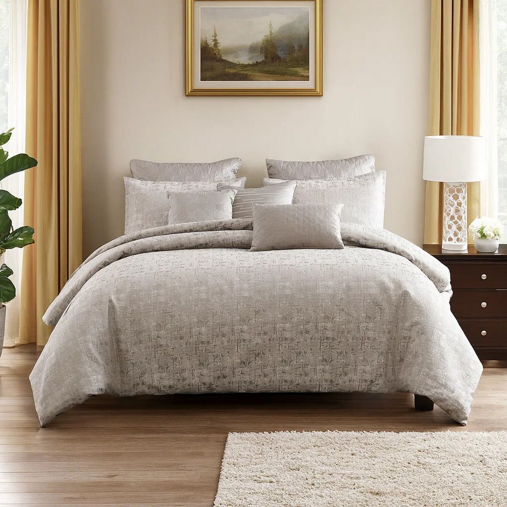9 Piece Queen Polyester Comforter Set with Jacquard Print, Gray - View 7