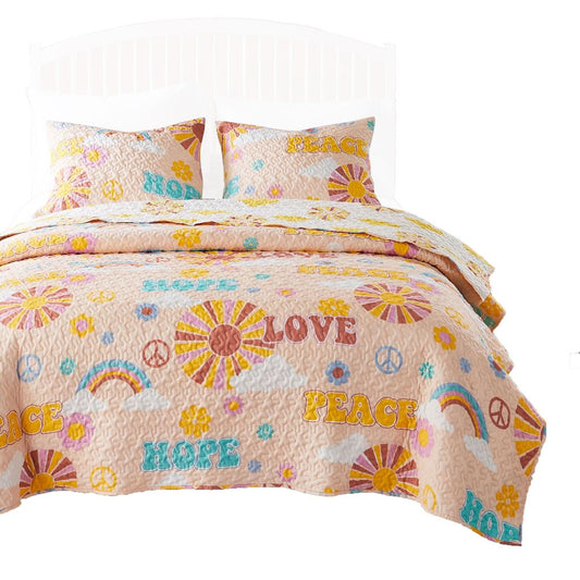 Berlin 2 Piece Microfiber Rainbows and Clouds Print Twin Quilt Set, Beige