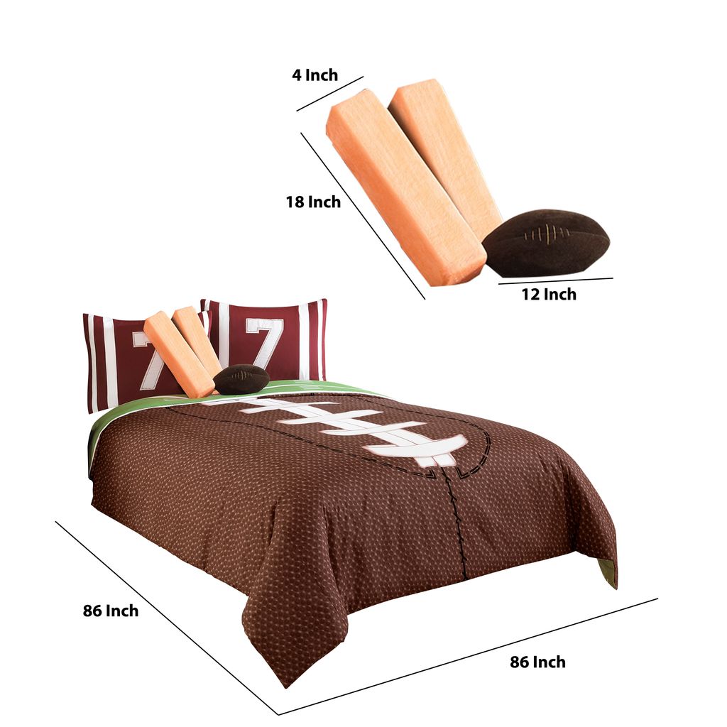 6 Piece Full Comforter Set with Football Field Print, Brown and Green - View 6