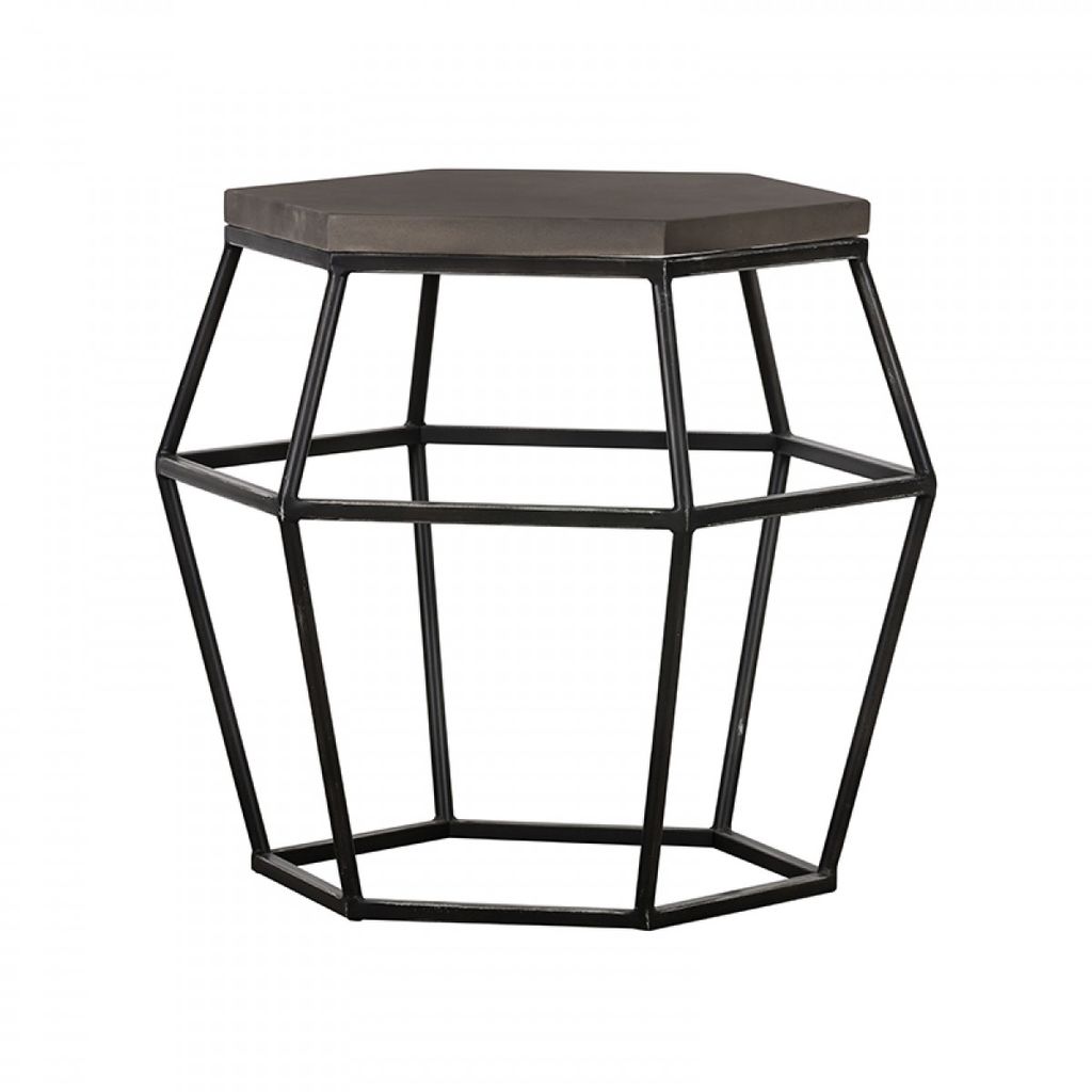 Hexagonal Concrete End Table with Metal Base, Gray and Black - View 2