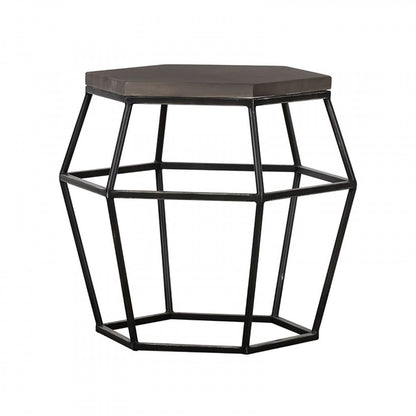 Hexagonal Concrete End Table with Metal Base, Gray and Black - View 2