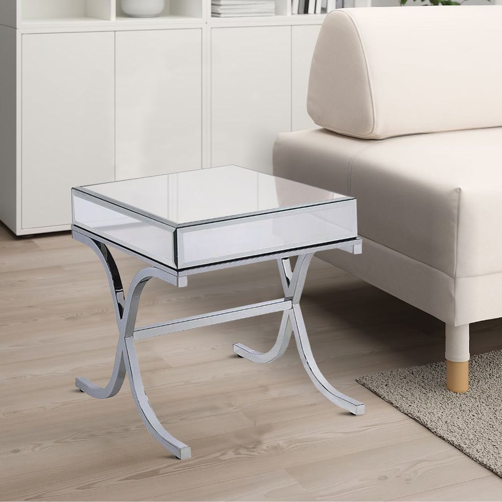 Contemporary Style Metal and Mirror Square End Table, Silver - View 7