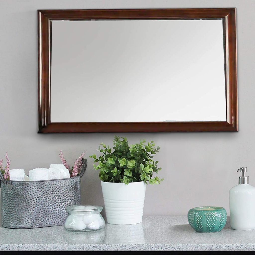 44 Inch Wall Mirror, Molded Trim, Rectangular Wood Frame, Cherry Brown - View 7