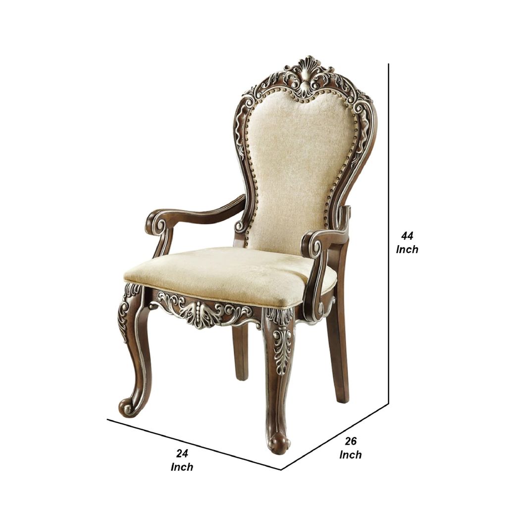 24 Inch Classic Upholstered Armchair, Scrolled Details, Nailhead, Brown - View 6