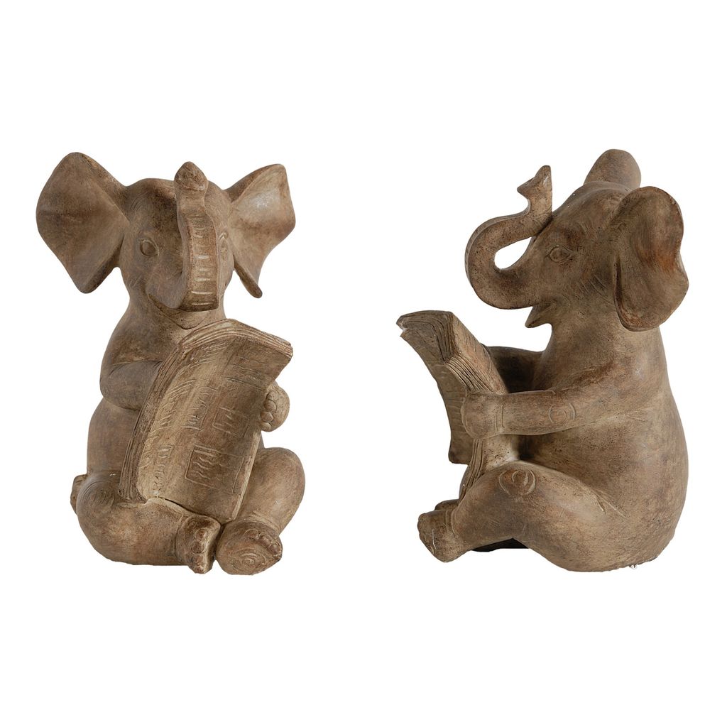 Ari Set of 2 Bookends, Reading Elephant Statuettes, Classic, Brown Resin