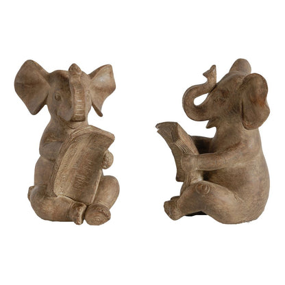 Ari Set of 2 Bookends, Reading Elephant Statuettes, Classic, Brown Resin