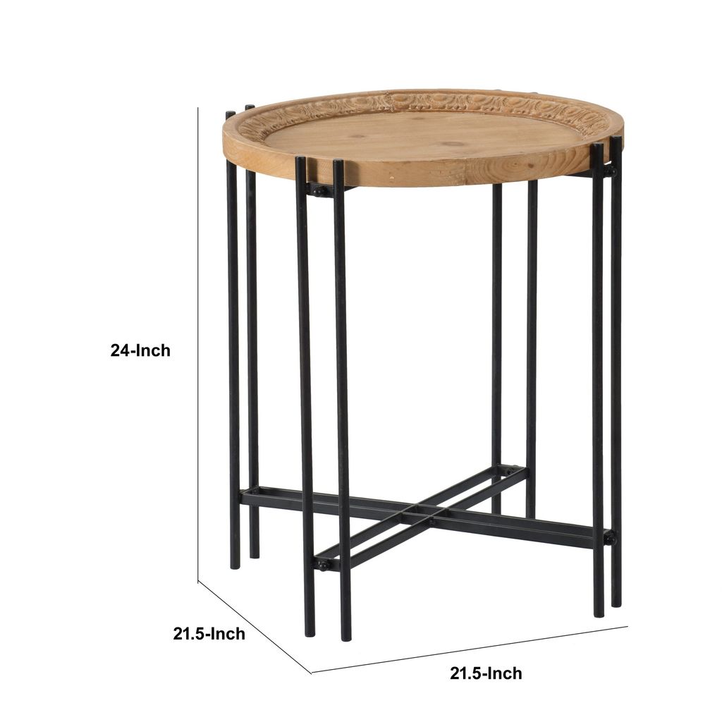 24 Inch Side Table, Modern, Round Tabletop, Carved Wood, Iron Frame, Brown - View 6