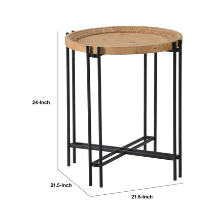 24 Inch Side Table, Modern, Round Tabletop, Carved Wood, Iron Frame, Brown - View 6
