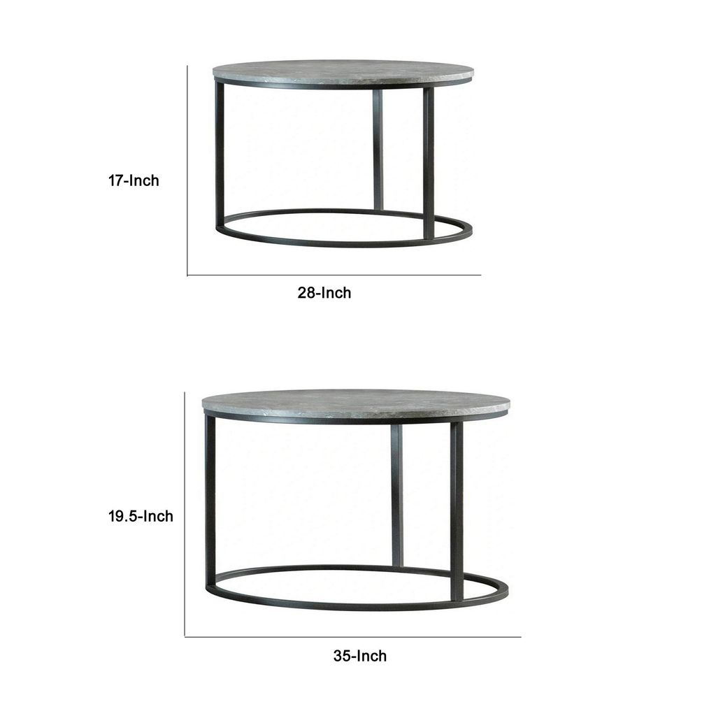 35 Inch 2 Piece Nesting Coffee Table Set, Round Gray Faux Marble Tabletop - View 5