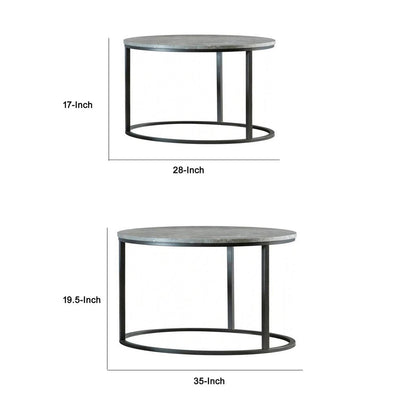 35 Inch 2 Piece Nesting Coffee Table Set, Round Gray Faux Marble Tabletop - View 5
