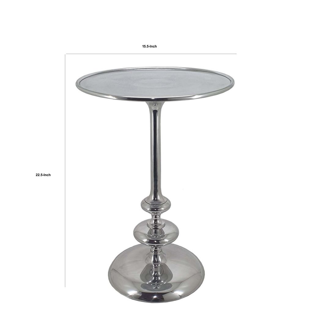 23 Inch Modern Aluminum Side Table, Round Tabletop and Base, Carved, Silver - View 5