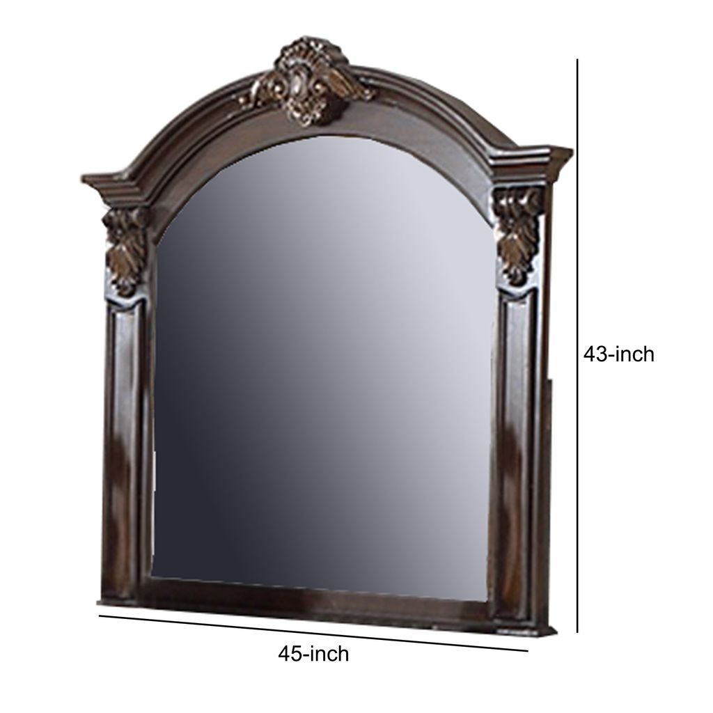 Scalloped Crown Top Wooden Frame Wall Mirror with Molded Details, Brown - View 5