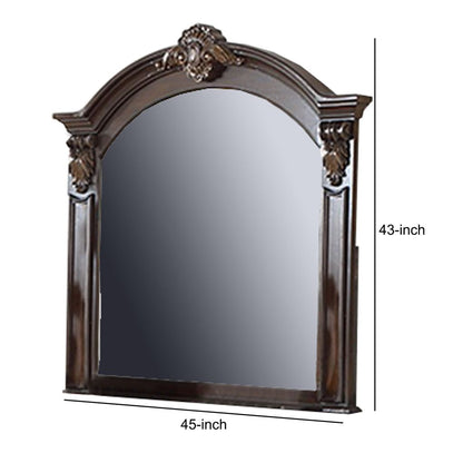 Scalloped Crown Top Wooden Frame Wall Mirror with Molded Details, Brown - View 5