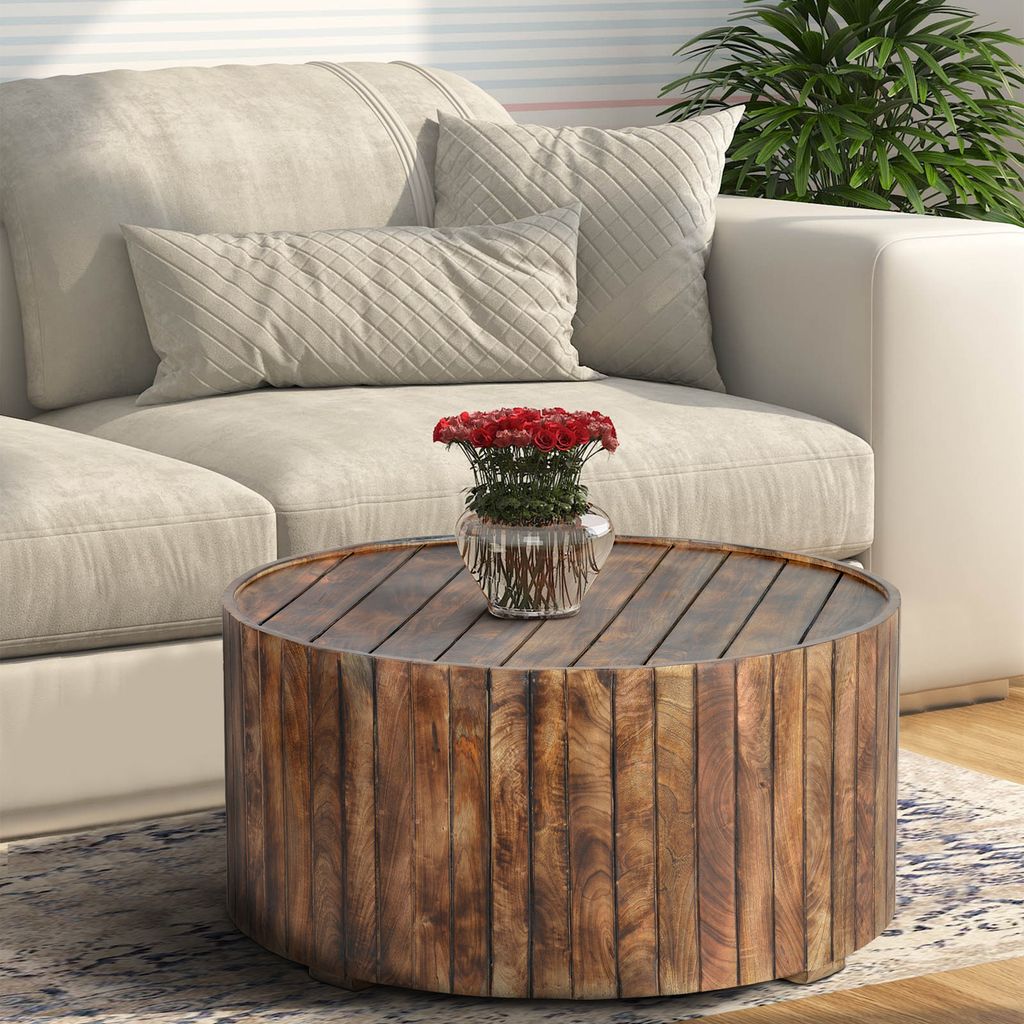34 Inch Handmade Wooden Round Coffee Table with Plank Design, Burned Brown - View 7