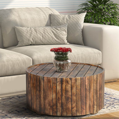 34 Inch Handmade Wooden Round Coffee Table with Plank Design, Burned Brown - View 7