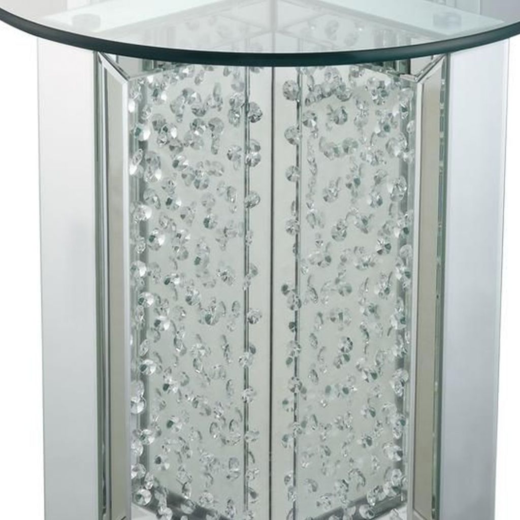 Round Mirrored Metal End Table with Glass Top and Crystal Accent Base, Silver - View 4