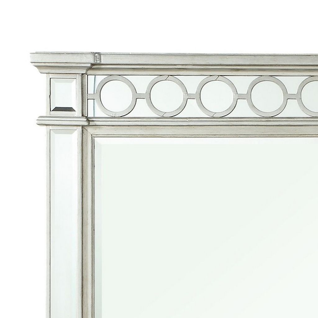Wooden Raised Geometric Pattern Frame Mirror with Beveled Edges, Silver - View 3
