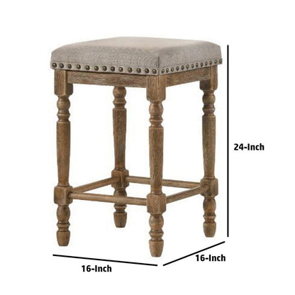 24 Inch Classic Wood Counter Height Stool, Upholstered, Set of 2, Gray - View 5