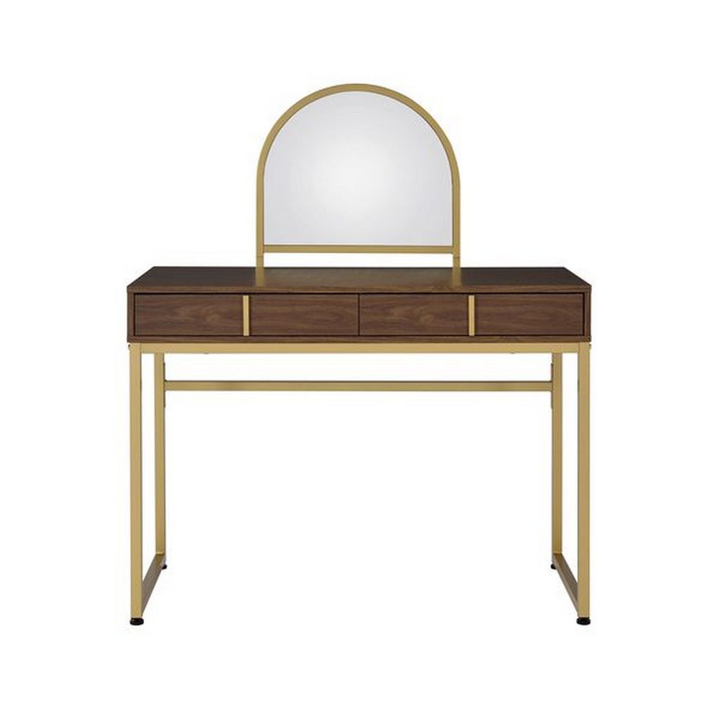 Vanity Desk with Mirror and Open Metal Frame, Brown and Gold - View 3