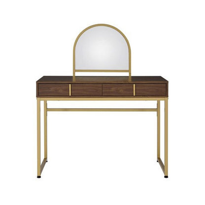 Vanity Desk with Mirror and Open Metal Frame, Brown and Gold - View 3