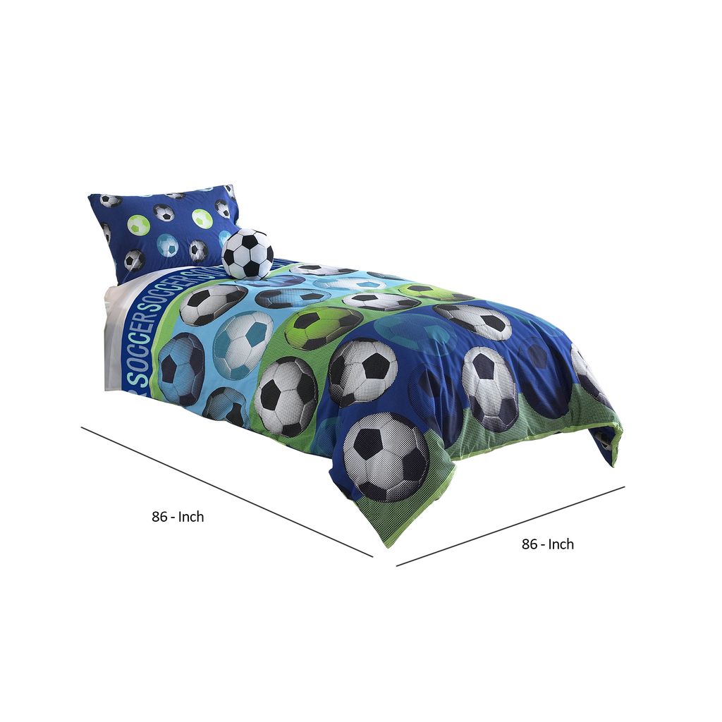 3 Piece Twin Size Comforter Set with Soccer Theme, Multicolor - View 5