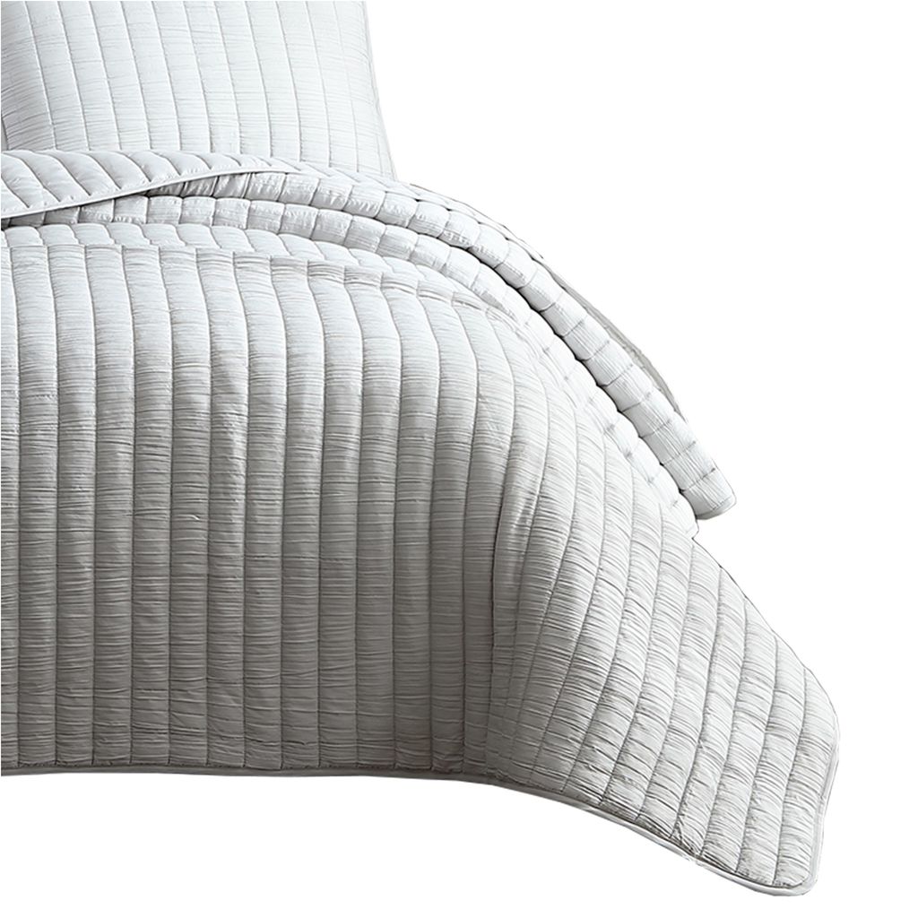 3 Piece Crinkle Queen Size Coverlet Set with Vertical Stitching,Light Gray - View 4