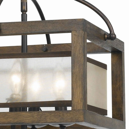 4 Bulb Semi Flush Pendant with Wooden Frame and Organza Striped Shade,Brown - View 3