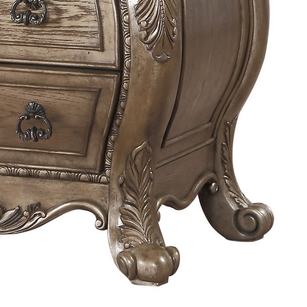 Nightstand, 3 Drawers with Antique Handles, Scrolled Legs, Vintage Oak Brown - View 5