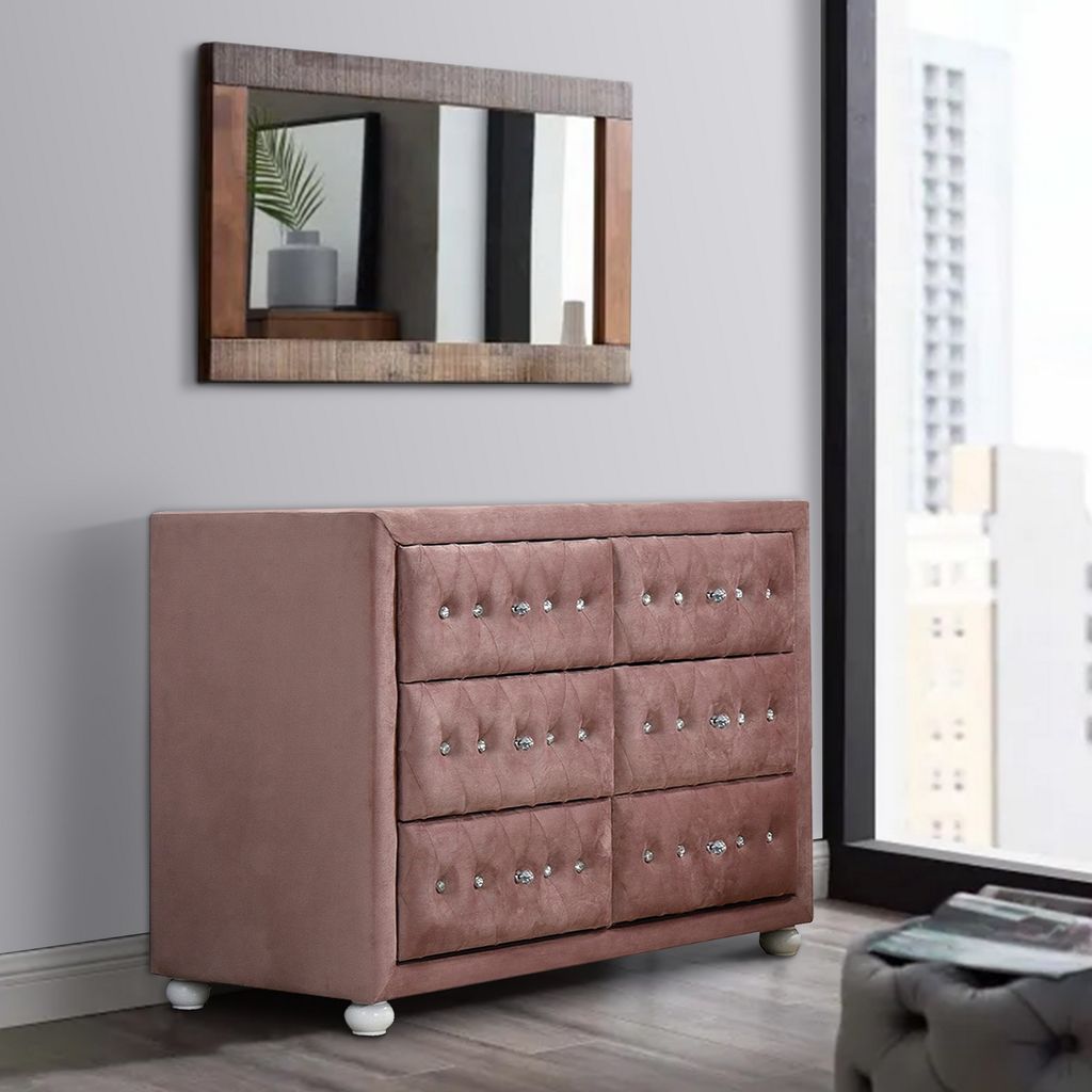 Rex 40 Inch Modern Upholstered Dresser, 6 Drawers, Crystal Handles, Pink - View 6