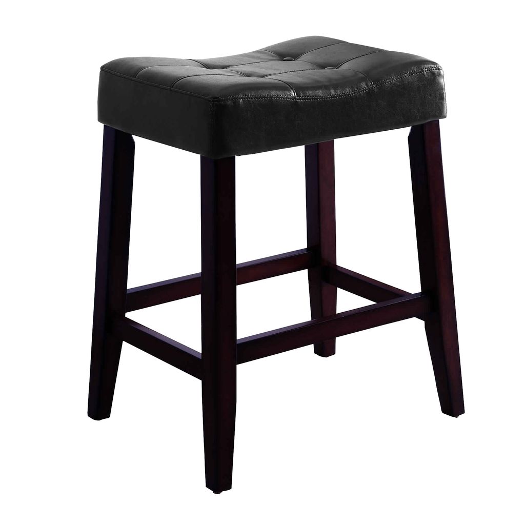 Wooden Stools with Saddle Seat and Button Tufts, Set of 2, Black and Brown - View 2